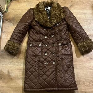 Chocolate Brown Quilted Coat with Fur Collar